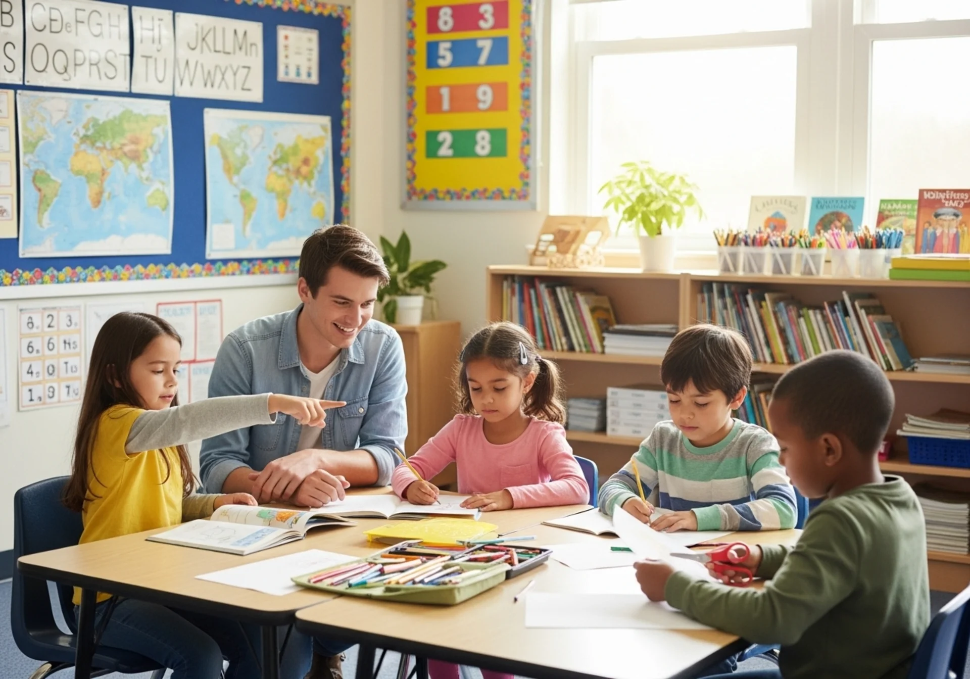 Teacher assistant training scene showing classroom support and educational activities with children